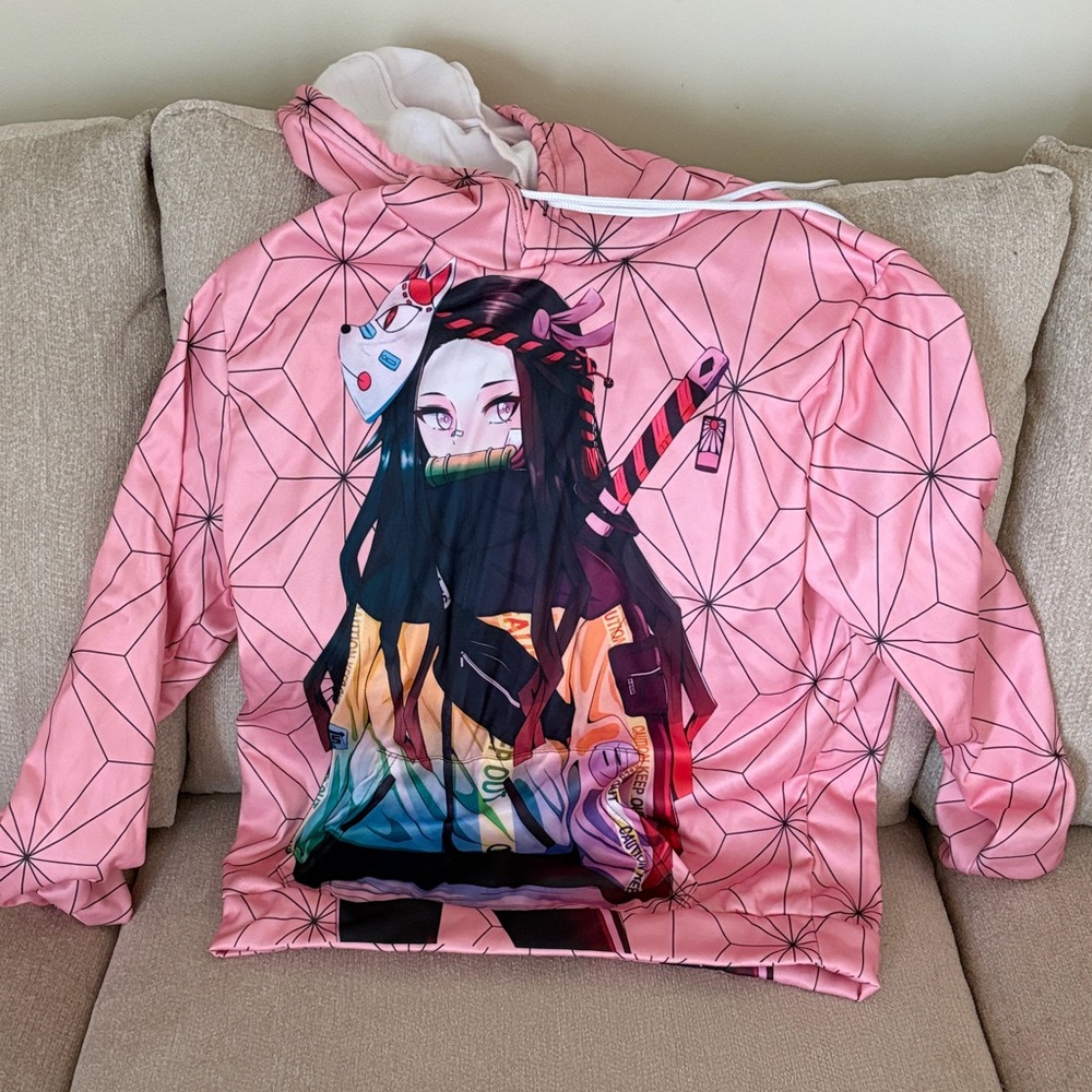 Anime Graphic Pink Hoodie with Colorful Character Print NWOT never worn